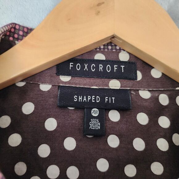 Foxcroft Shirt Womens 24W Polka Dot Plaid Shaped Fit Button Brown Pink Flip Cuff - Picture 4 of 9